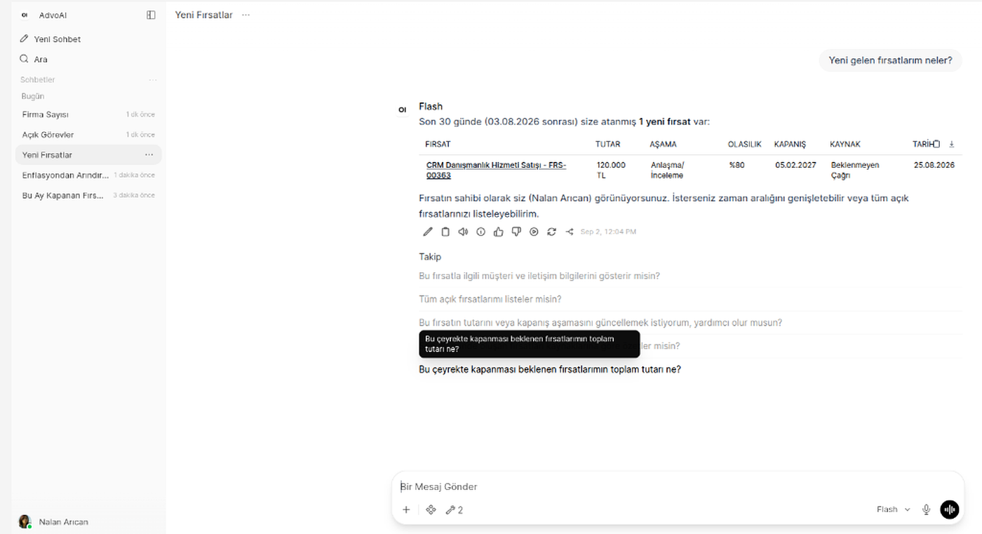 ChatGPT Benzeri AdvoAI - Doğal Dille CRM Sorgulama ve İnteraktif Chatbot