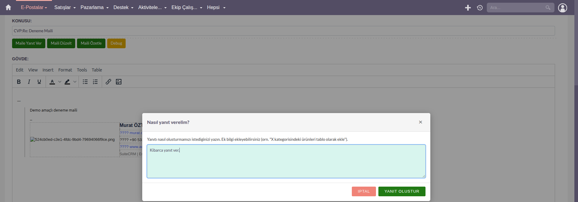 SuiteCRM AI Prompt Diyaloğu
